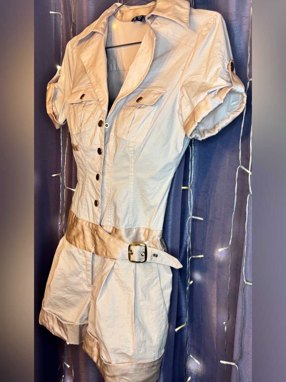 Bebe XS Beige Utility Romper - Short Sleeve Belted Safari Jumpsuit